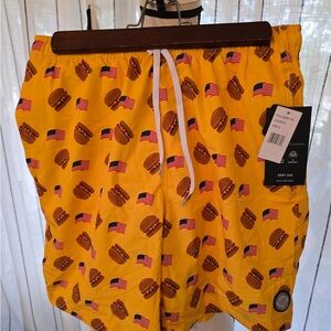 Brooklyn Cloth Yellow Swim Trunks with Hot Dog and Flag Design